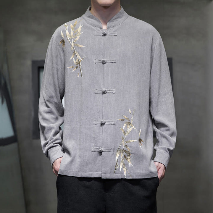 Buddha Stones Cinese Rana-Bottone Tang Suit Foglie di Bambù Camicia Manica Lunga Giacca da Uomo in Cotone e Lino - Grigio chiaro - US/UK/AU46, EU56 (5XL)  - image 12