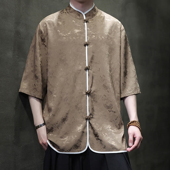 Camicia a maniche corte da uomo con stampa di bottoni e rana, stile cinese , Buddha Stones - DarkKhaki - US/UK/AU46, EU56 (5XL)  - image 8