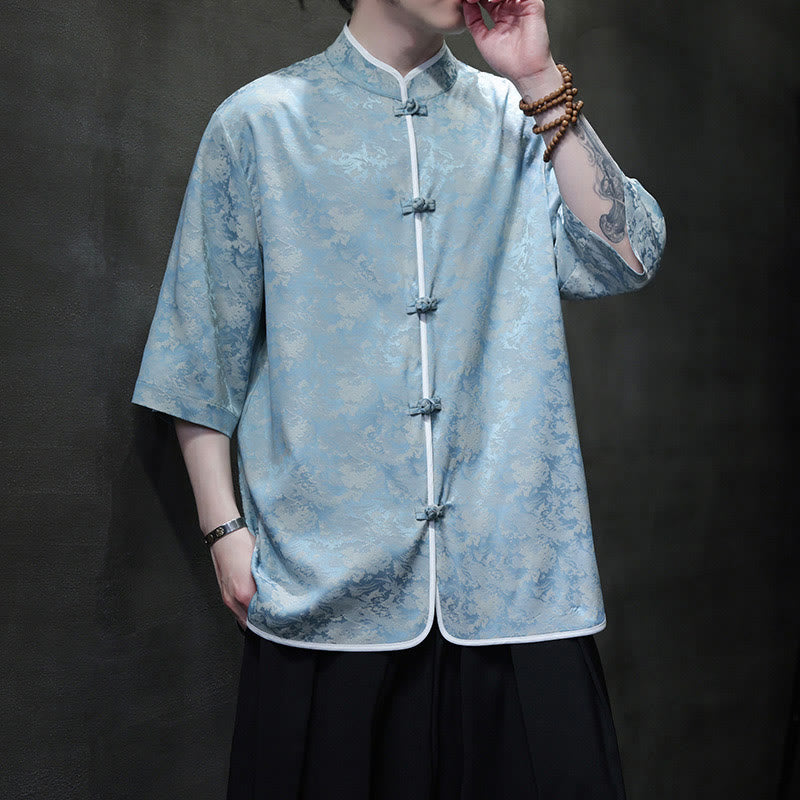 Camicia a maniche corte da uomo con stampa di bottoni e rana, stile cinese , Buddha Stones - Azzurro chiaro - US/UK/AU46, EU56 (5XL)  - image 1