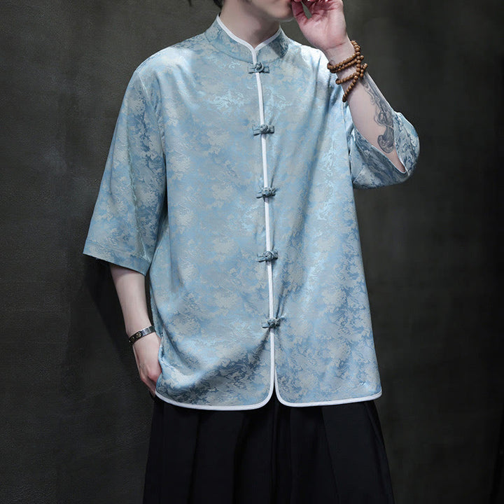 Camicia a maniche corte da uomo con stampa di bottoni e rana, stile cinese , Buddha Stones - Azzurro chiaro - US/UK/AU46, EU56 (5XL)  - image 1