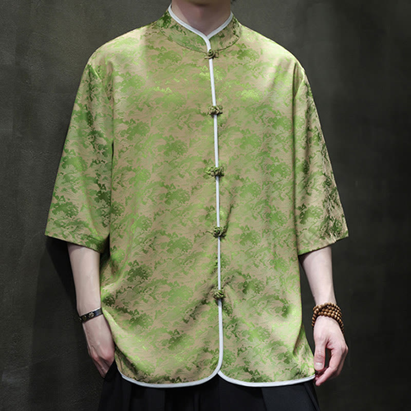 Camicia a maniche corte da uomo con stampa di bottoni e rana, stile cinese , Buddha Stones - Verde pallido - US/UK/AU46, EU56 (5XL)  - image 19