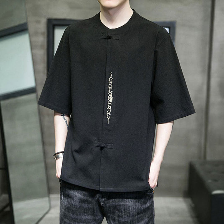 Camicia da uomo in cotone a mezza manica con ricamo a bottone con rana, tinta unita, motivo Buddha Stones - image 16