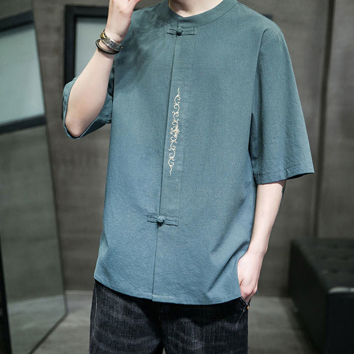 Camicia da uomo in cotone a mezza manica con ricamo a bottone con rana, tinta unita, motivo Buddha Stones - image 3