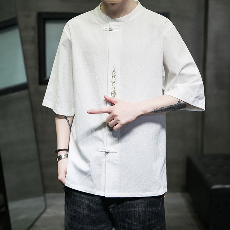 Camicia da uomo in cotone a mezza manica con ricamo a bottone con rana, tinta unita, motivo Buddha Stones - image 26