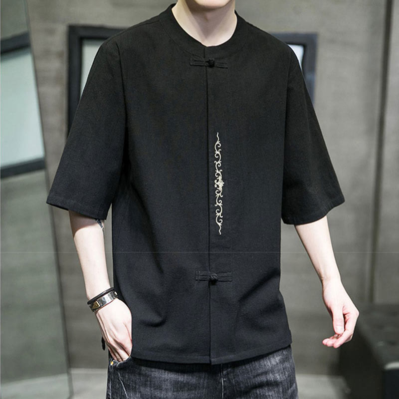 Camicia da uomo in cotone a mezza manica con ricamo a bottone con rana, tinta unita, motivo Buddha Stones - image 15