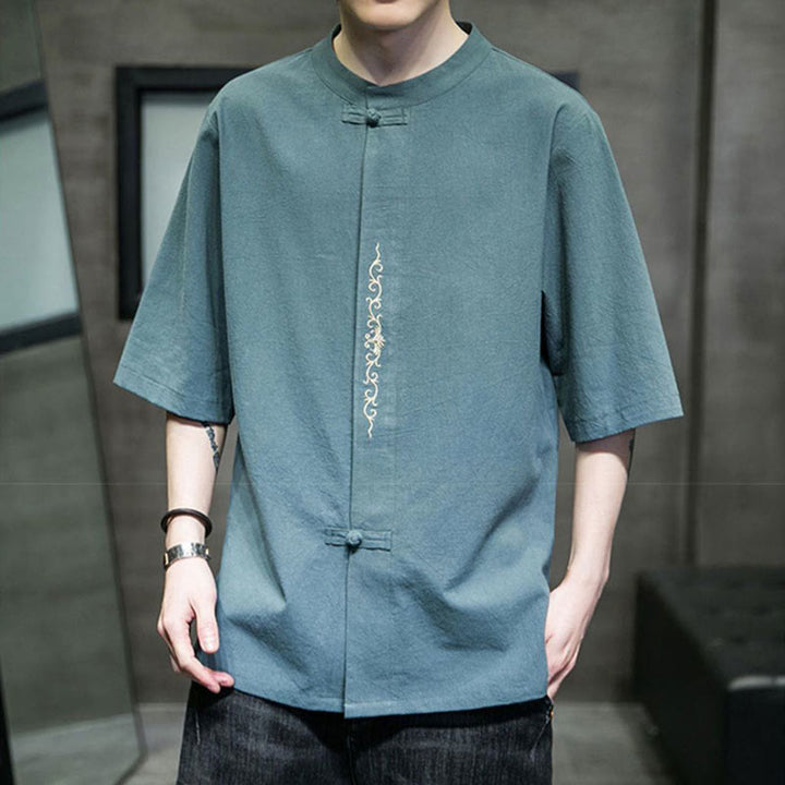 Camicia da uomo in cotone a mezza manica con ricamo a bottone con rana, tinta unita, motivo Buddha Stones - image 6