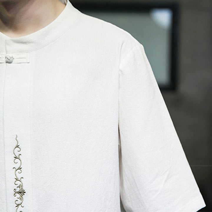 Camicia da uomo in cotone a mezza manica con ricamo a bottone con rana, tinta unita, motivo Buddha Stones - image 22