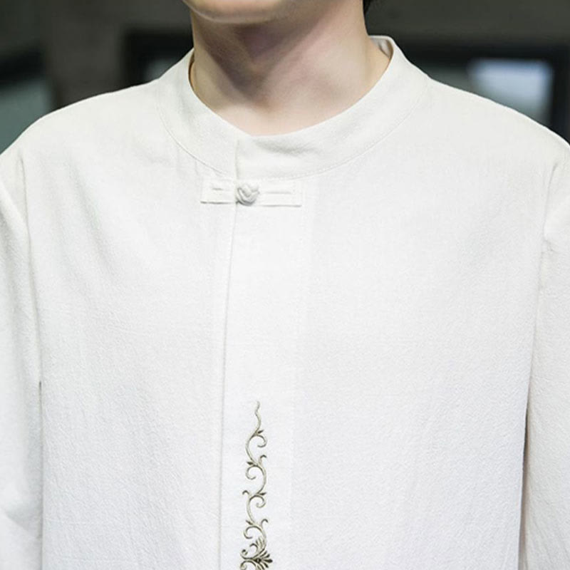 Camicia da uomo in cotone a mezza manica con ricamo a bottone con rana, tinta unita, motivo Buddha Stones - image 23