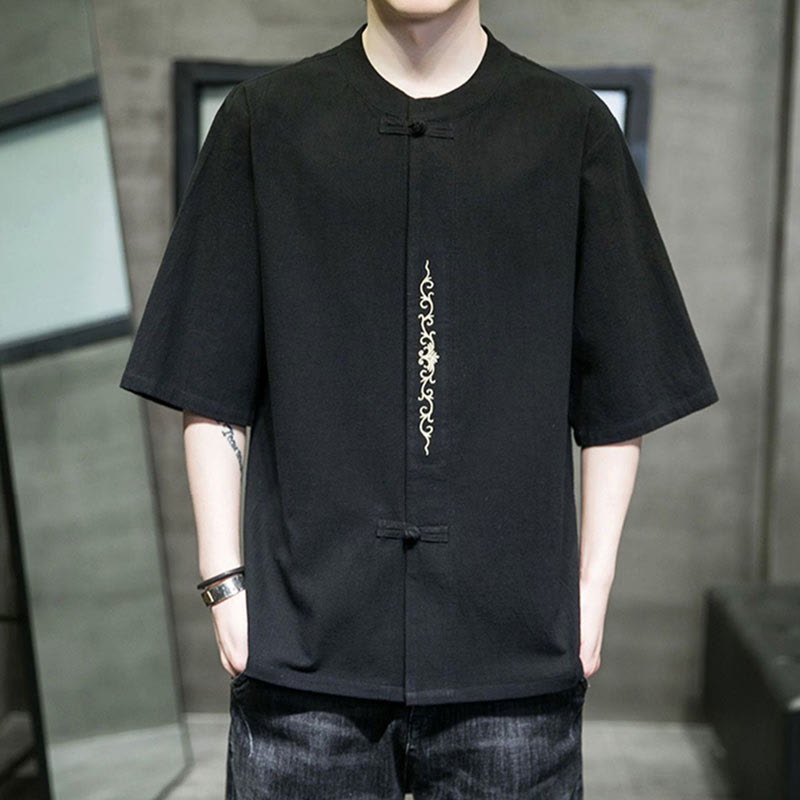 Camicia da uomo in cotone a mezza manica con ricamo a bottone con rana, tinta unita, motivo Buddha Stones - Nero - US/UK/AU46, EU56 (5XL) - image 8