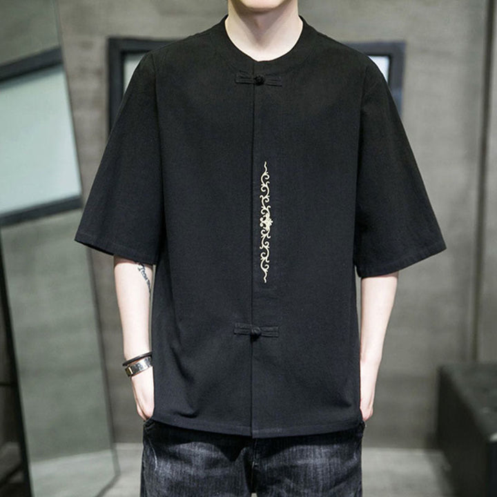 Camicia da uomo in cotone a mezza manica con ricamo a bottone con rana, tinta unita, motivo Buddha Stones - Nero - US/UK/AU46, EU56 (5XL) - image 8