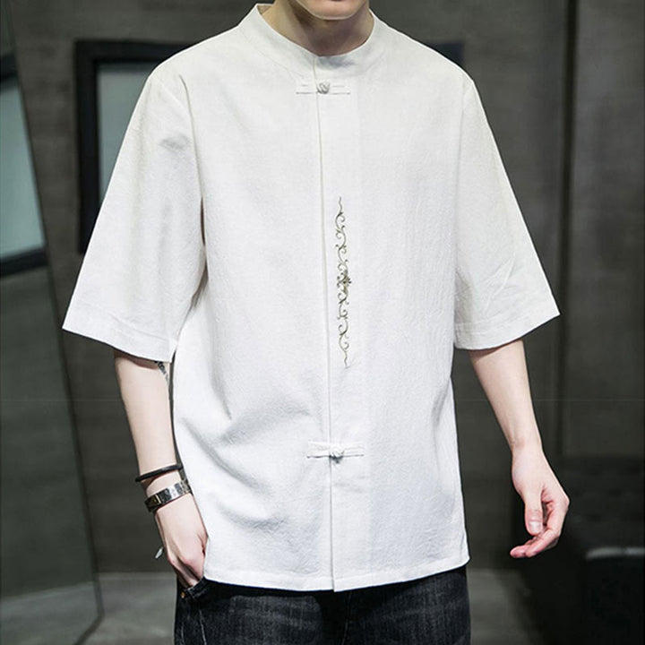 Camicia da uomo in cotone a mezza manica con ricamo a bottone con rana, tinta unita, motivo Buddha Stones - image 19