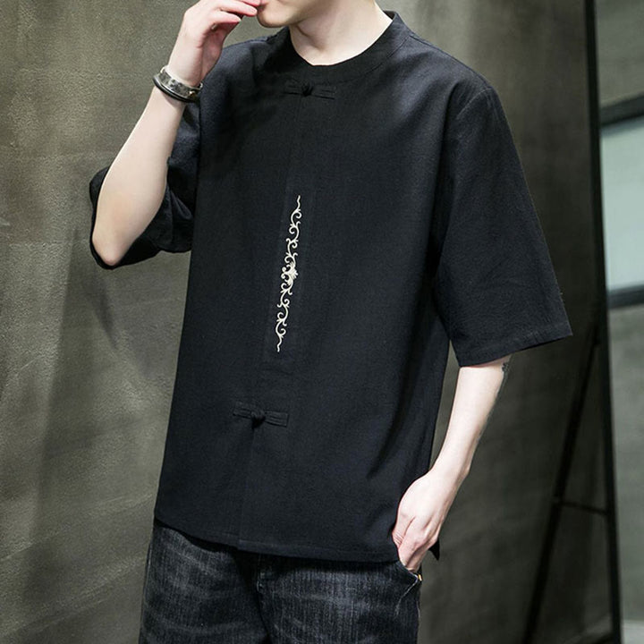 Camicia da uomo in cotone a mezza manica con ricamo a bottone con rana, tinta unita, motivo Buddha Stones - image 11