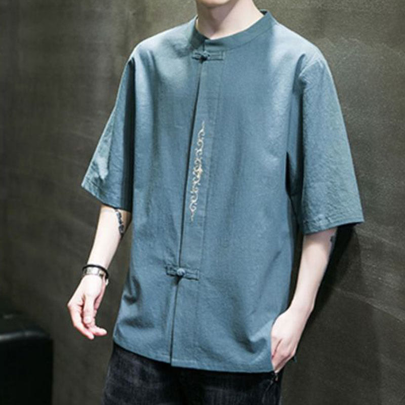 Camicia da uomo in cotone a mezza manica con ricamo a bottone con rana, tinta unita, motivo Buddha Stones - image 2