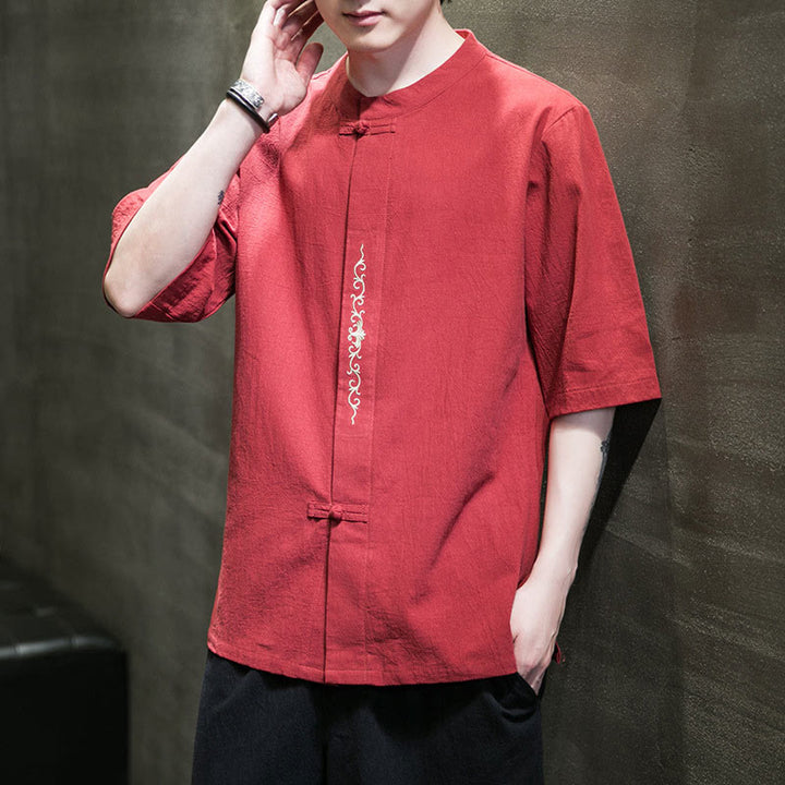 Camicia da uomo in cotone a mezza manica con ricamo a bottone con rana, tinta unita, motivo Buddha Stones - Pomodoro - US/UK/AU46, EU56 (5XL) - image 27