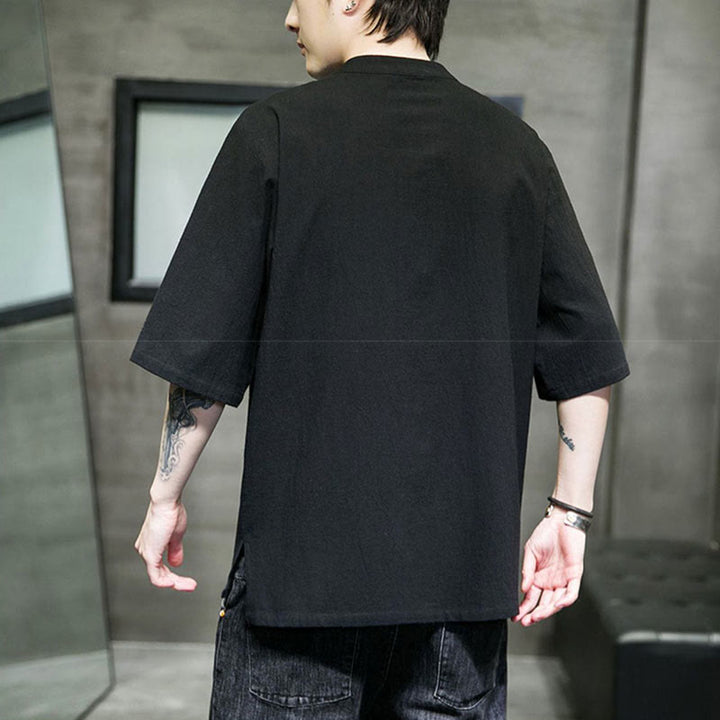 Camicia da uomo in cotone a mezza manica con ricamo a bottone con rana, tinta unita, motivo Buddha Stones - image 9