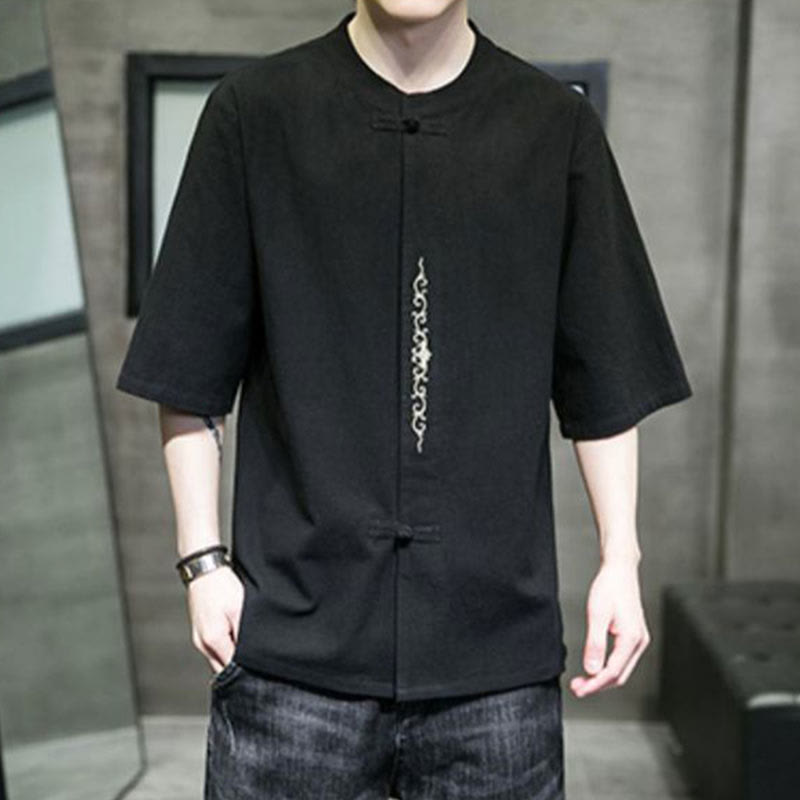 Camicia da uomo in cotone a mezza manica con ricamo a bottone con rana, tinta unita, motivo Buddha Stones - image 13