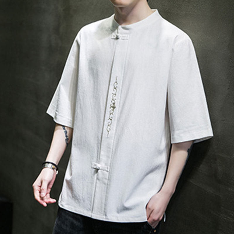 Camicia da uomo in cotone a mezza manica con ricamo a bottone con rana, tinta unita, motivo Buddha Stones - image 20