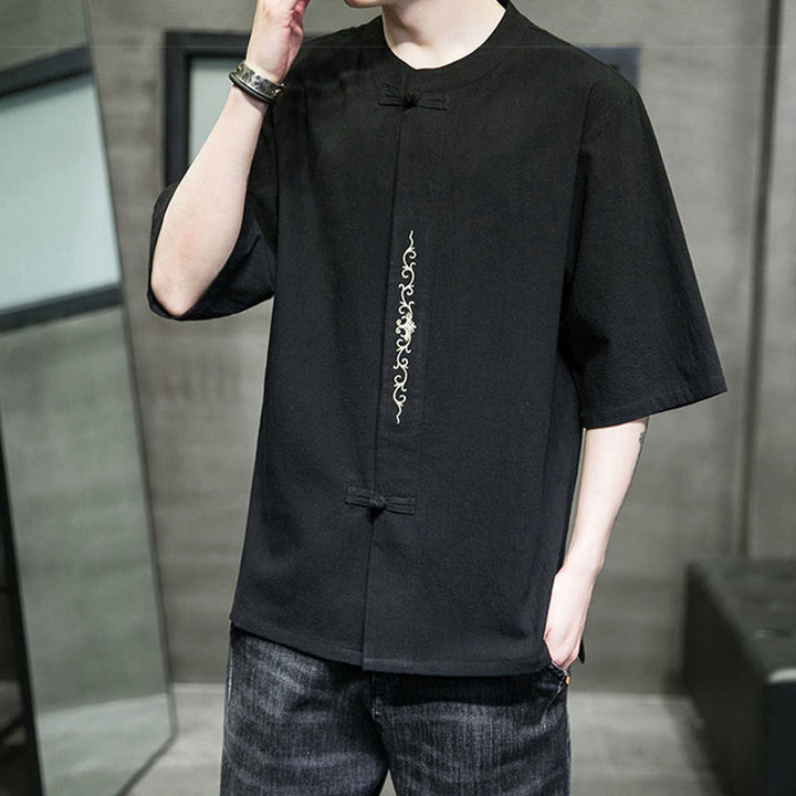 Camicia da uomo in cotone a mezza manica con ricamo a bottone con rana, tinta unita, motivo Buddha Stones - image 12