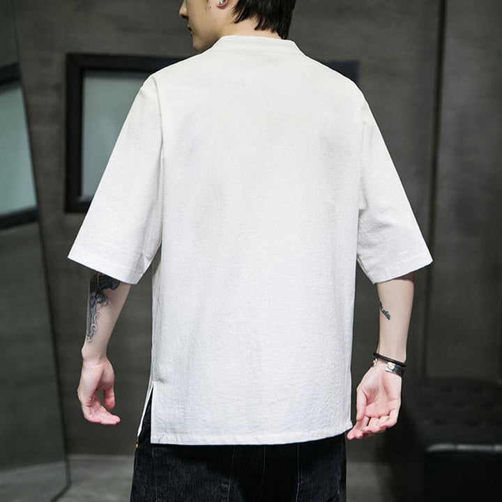 Camicia da uomo in cotone a mezza manica con ricamo a bottone con rana, tinta unita, motivo Buddha Stones - image 18