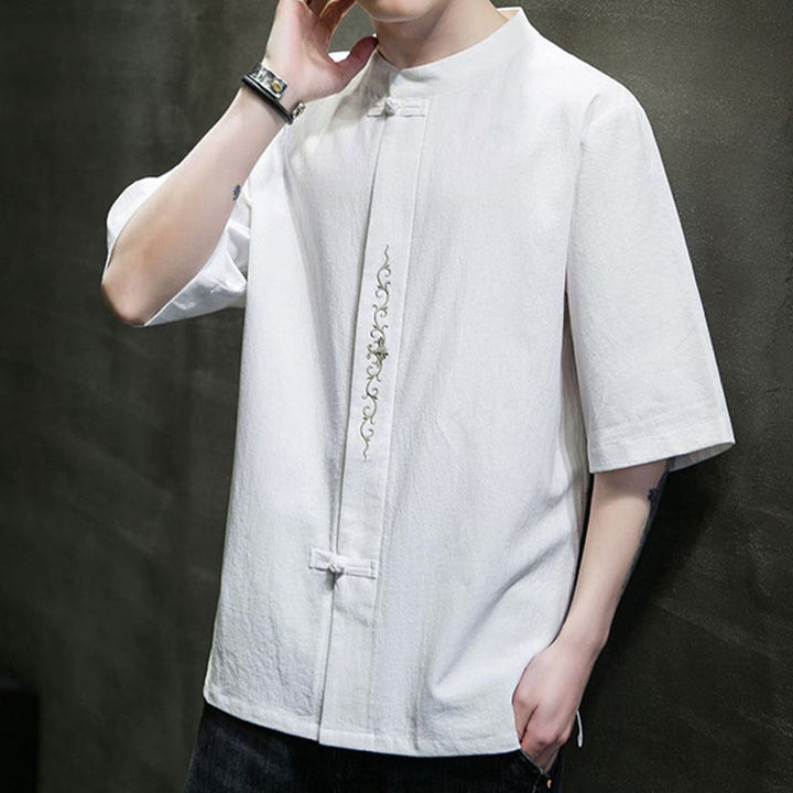 Camicia da uomo in cotone a mezza manica con ricamo a bottone con rana, tinta unita, motivo Buddha Stones - image 21