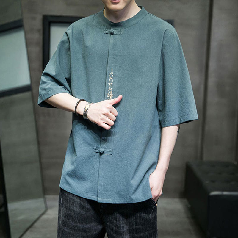 Camicia da uomo in cotone a mezza manica con ricamo a bottone con rana, tinta unita, motivo Buddha Stones - image 7