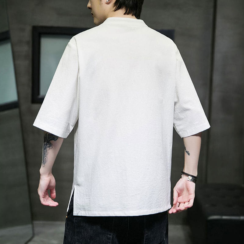 Camicia da uomo in cotone a mezza manica con ricamo a bottone con rana, tinta unita, motivo Buddha Stones - image 18