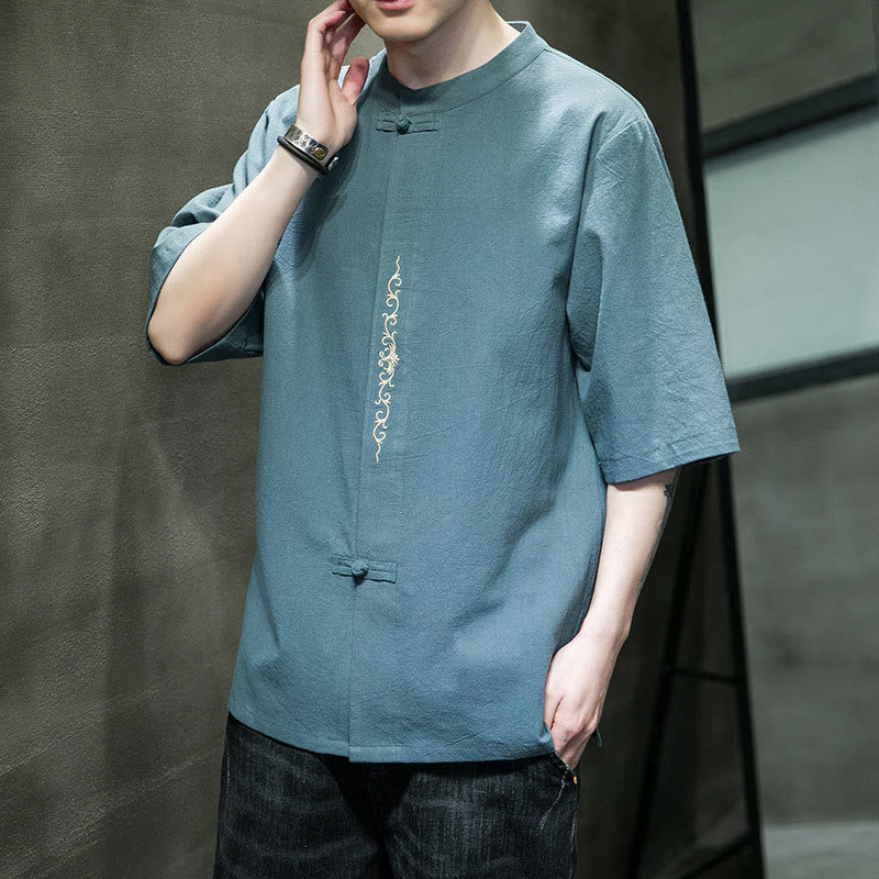 Camicia da uomo in cotone a mezza manica con ricamo a bottone con rana, tinta unita, motivo Buddha Stones - image 4