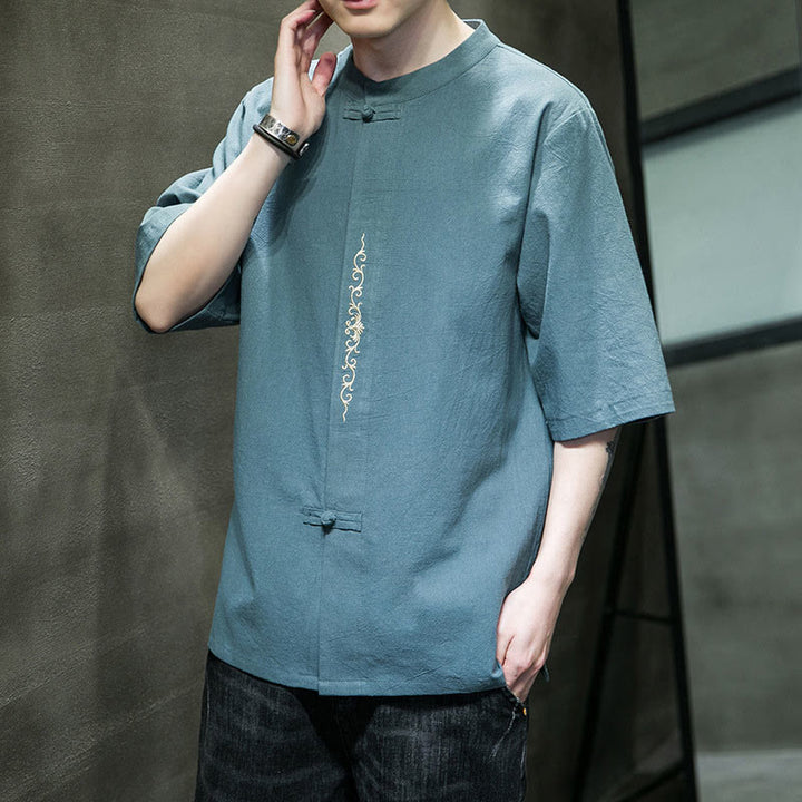 Camicia da uomo in cotone a mezza manica con ricamo a bottone con rana, tinta unita, motivo Buddha Stones - image 4