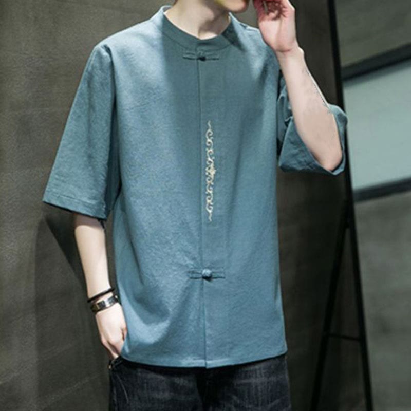 Camicia da uomo in cotone a mezza manica con ricamo a bottone con rana, tinta unita, motivo Buddha Stones - image 1