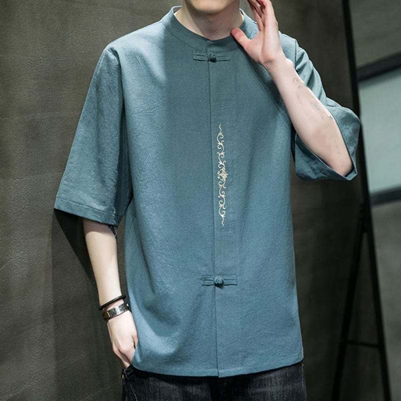 Camicia da uomo in cotone a mezza manica con ricamo a bottone con rana, tinta unita, motivo Buddha Stones - image 5