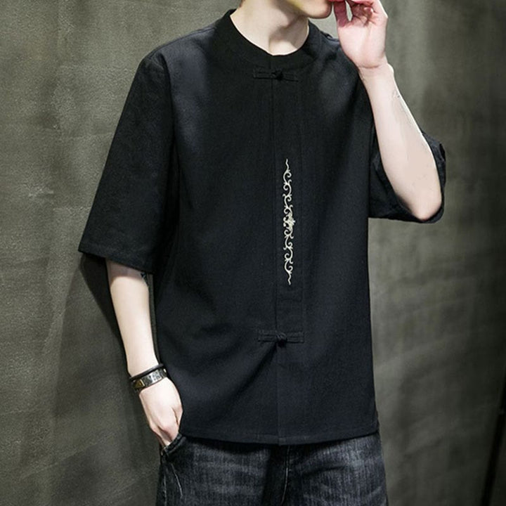 Camicia da uomo in cotone a mezza manica con ricamo a bottone con rana, tinta unita, motivo Buddha Stones - image 10