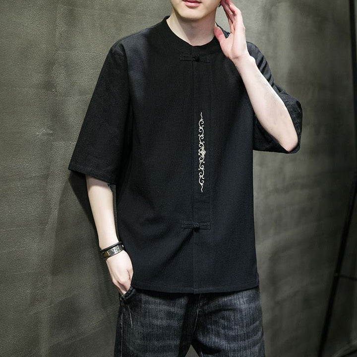 Camicia da uomo in cotone a mezza manica con ricamo a bottone con rana, tinta unita, motivo Buddha Stones - image 14