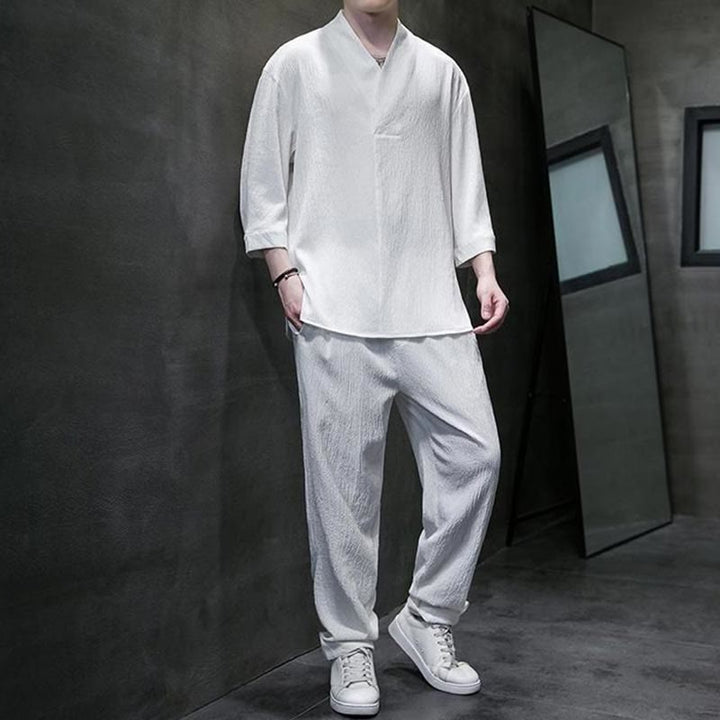 Set di pantaloni casual da uomo con scollo a V e maniche a tre quarti, tinta unita, motivo Buddha Stones - image 5