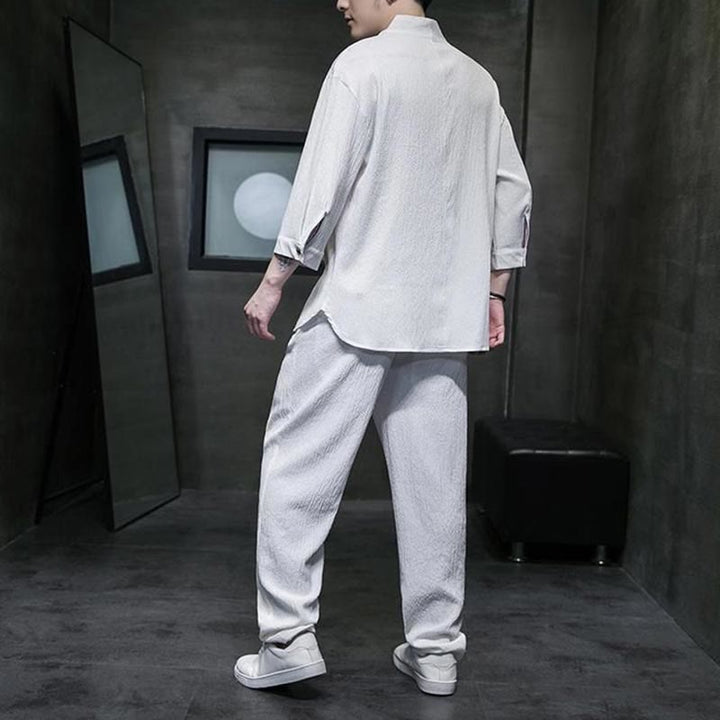 Set di pantaloni casual da uomo con scollo a V e maniche a tre quarti, tinta unita, motivo Buddha Stones - image 3
