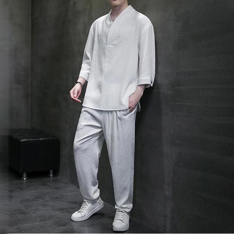 Set di pantaloni casual da uomo con scollo a V e maniche a tre quarti, tinta unita, motivo Buddha Stones - image 7
