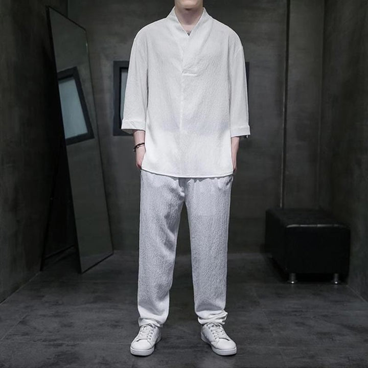 Set di pantaloni casual da uomo con scollo a V e maniche a tre quarti, tinta unita, motivo Buddha Stones - Bianco - US/UK/AU44, EU54 (4XL) - image 0