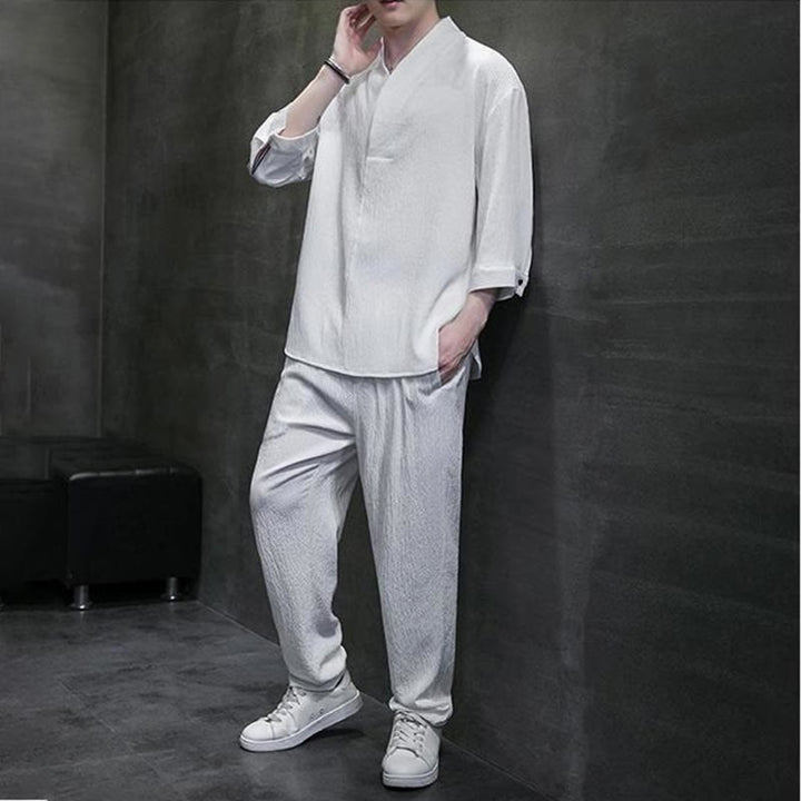 Set di pantaloni casual da uomo con scollo a V e maniche a tre quarti, tinta unita, motivo Buddha Stones - image 3