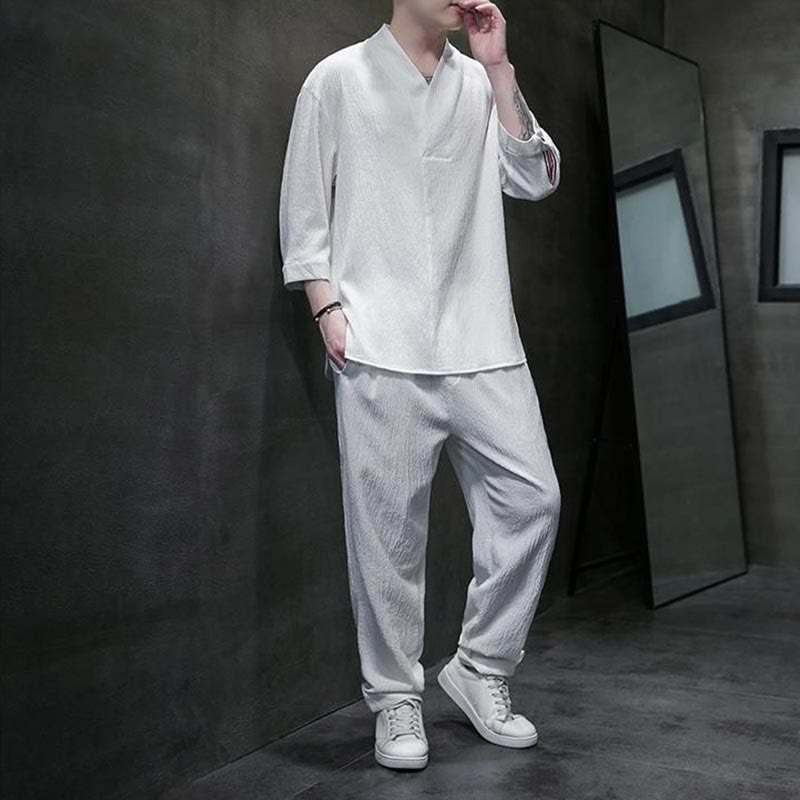 Set di pantaloni casual da uomo con scollo a V e maniche a tre quarti, tinta unita, motivo Buddha Stones - image 2