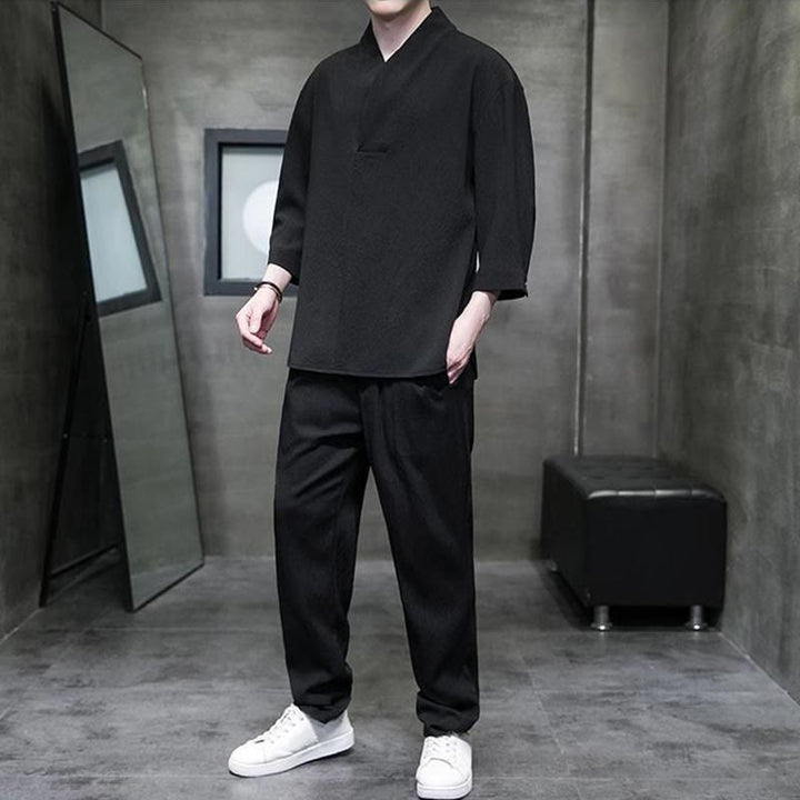 Set di pantaloni casual da uomo con scollo a V e maniche a tre quarti, tinta unita, motivo Buddha Stones - image 9