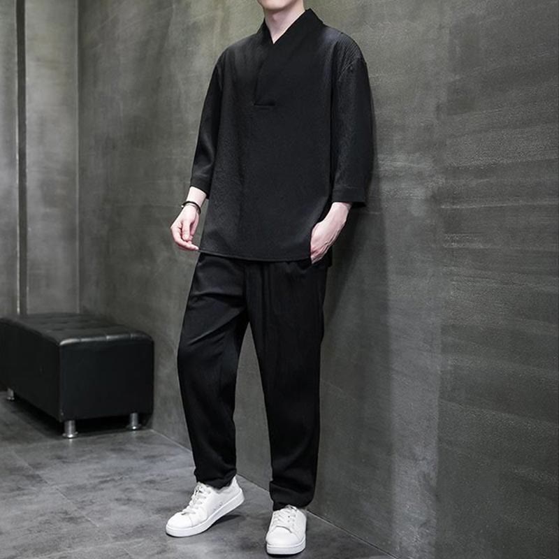 Set di pantaloni casual da uomo con scollo a V e maniche a tre quarti, tinta unita, motivo Buddha Stones - image 11