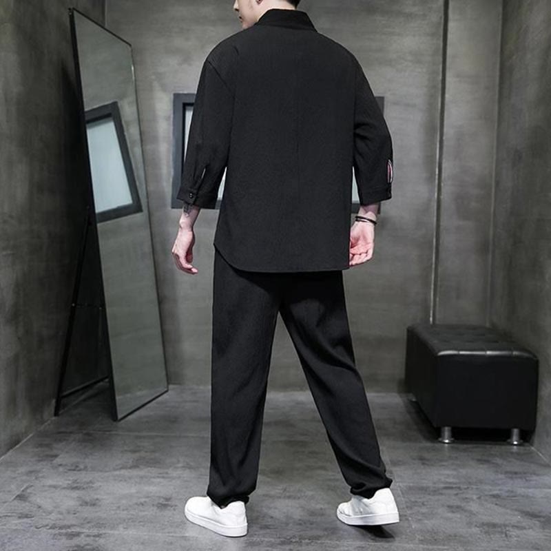 Set di pantaloni casual da uomo con scollo a V e maniche a tre quarti, tinta unita, motivo Buddha Stones - image 9