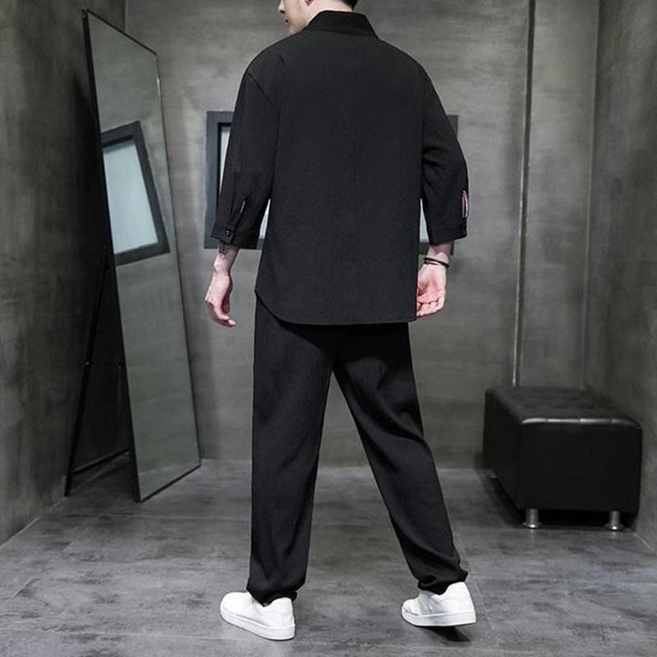 Set di pantaloni casual da uomo con scollo a V e maniche a tre quarti, tinta unita, motivo Buddha Stones - image 9