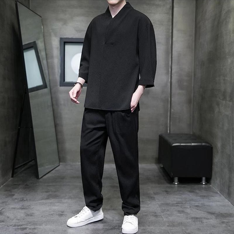 Set di pantaloni casual da uomo con scollo a V e maniche a tre quarti, tinta unita, motivo Buddha Stones - image 8