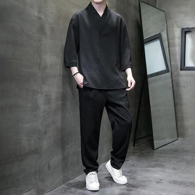 Set di pantaloni casual da uomo con scollo a V e maniche a tre quarti, tinta unita, motivo Buddha Stones - image 18