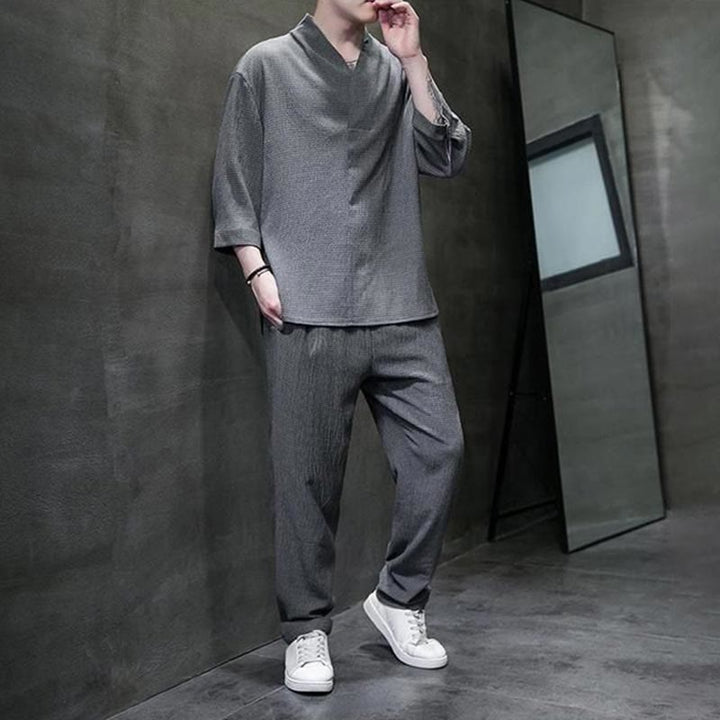 Set di pantaloni casual da uomo con scollo a V e maniche a tre quarti, tinta unita, motivo Buddha Stones - image 21