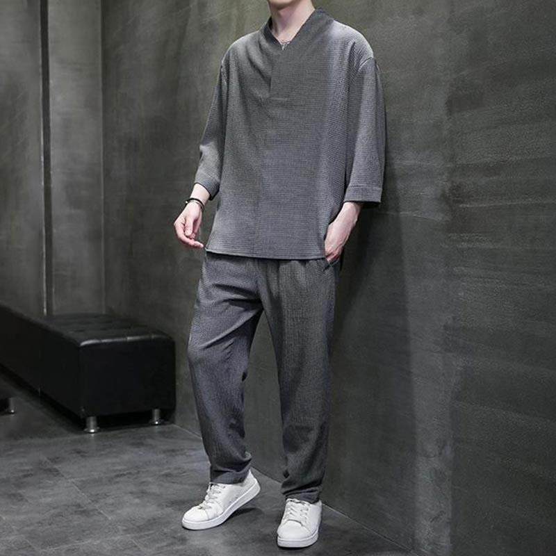 Set di pantaloni casual da uomo con scollo a V e maniche a tre quarti, tinta unita, motivo Buddha Stones - image 23