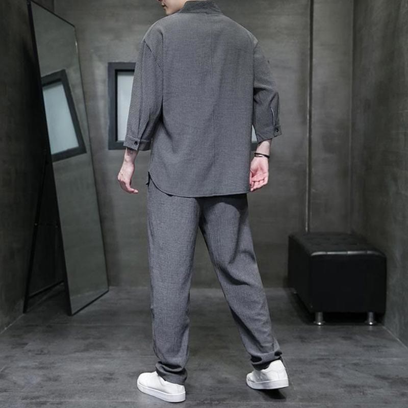 Set di pantaloni casual da uomo con scollo a V e maniche a tre quarti, tinta unita, motivo Buddha Stones - image 19