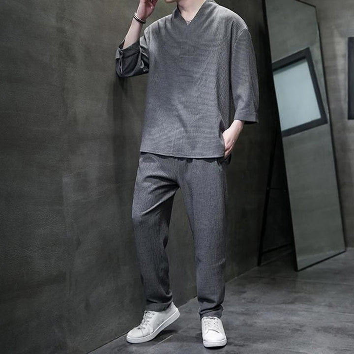 Set di pantaloni casual da uomo con scollo a V e maniche a tre quarti, tinta unita, motivo Buddha Stones - image 21