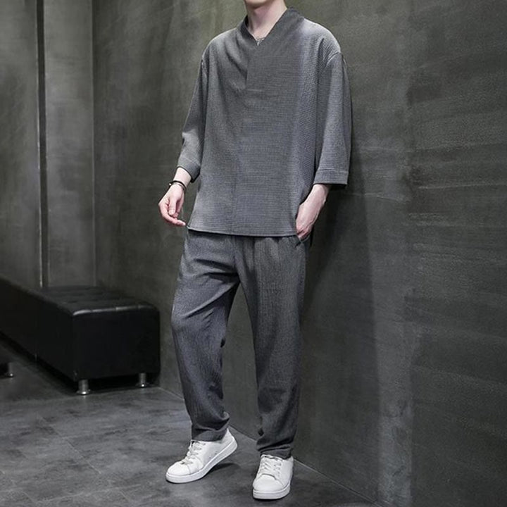 Set di pantaloni casual da uomo con scollo a V e maniche a tre quarti, tinta unita, motivo Buddha Stones - image 22