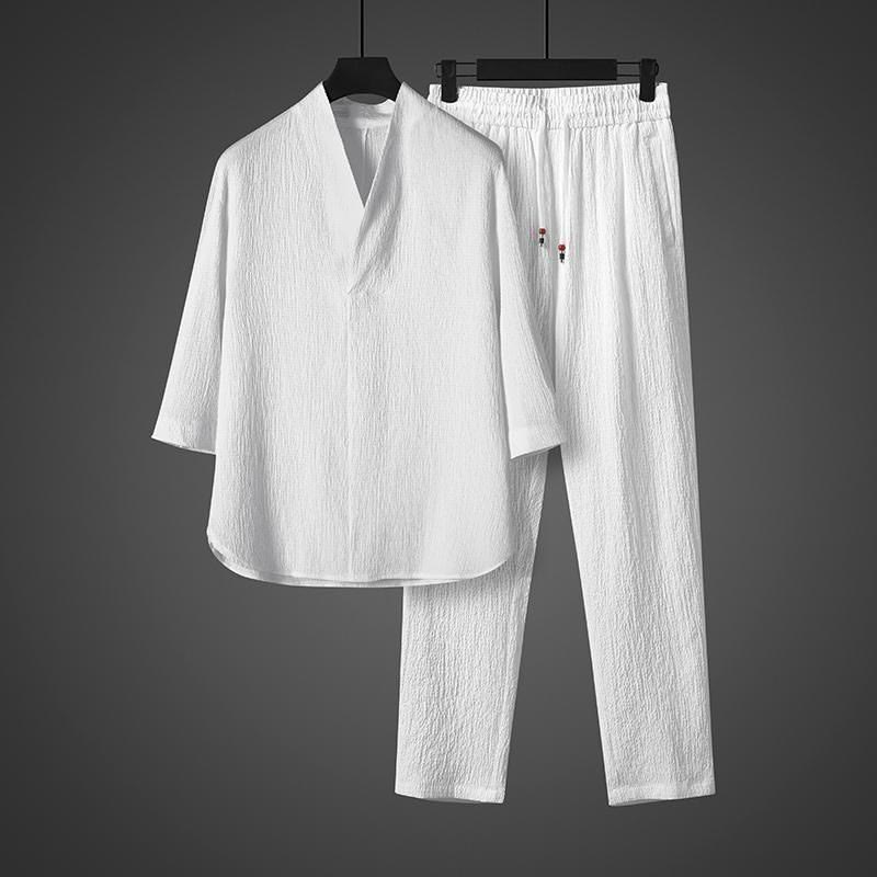 Set di pantaloni casual da uomo con scollo a V e maniche a tre quarti, tinta unita, motivo Buddha Stones - image 5